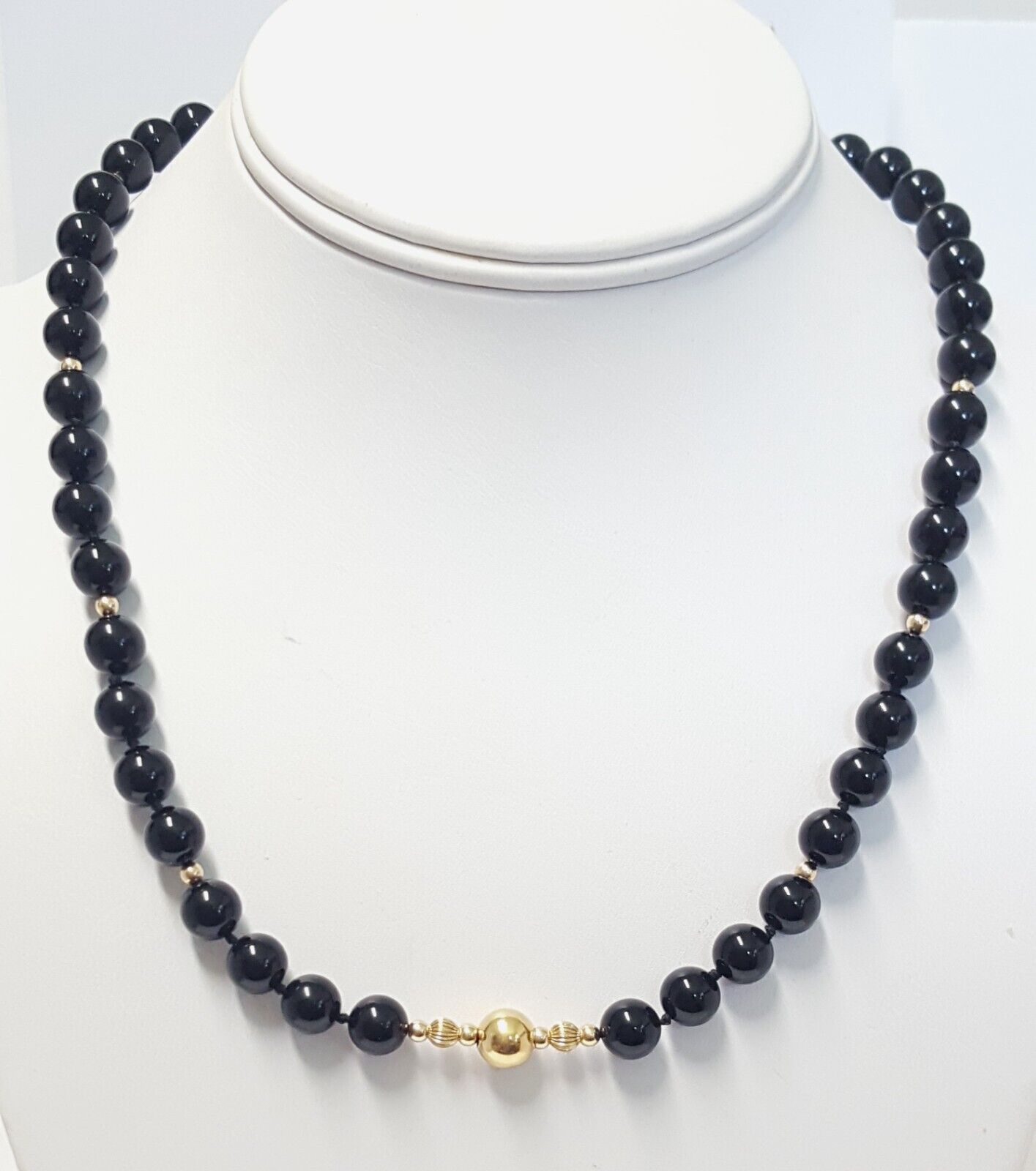 14K Gold Station Black Onyx 8mm Bead Necklace Han… - image 2