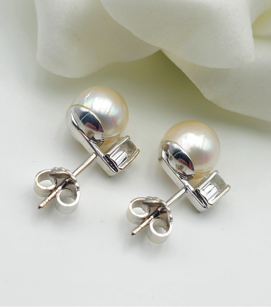 Pearl Brilliant Stud Earrings - 585 White Gold - … - image 7