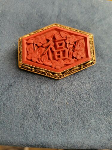 Vintage Oriental Cinnabar Carved floral characters