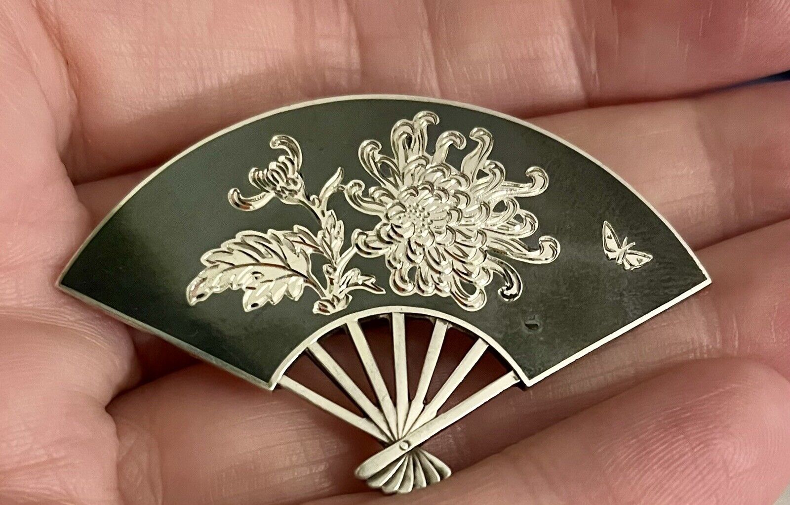 Vintage/Antique Sterling Silver .950 & Enamel Fan… - image 3