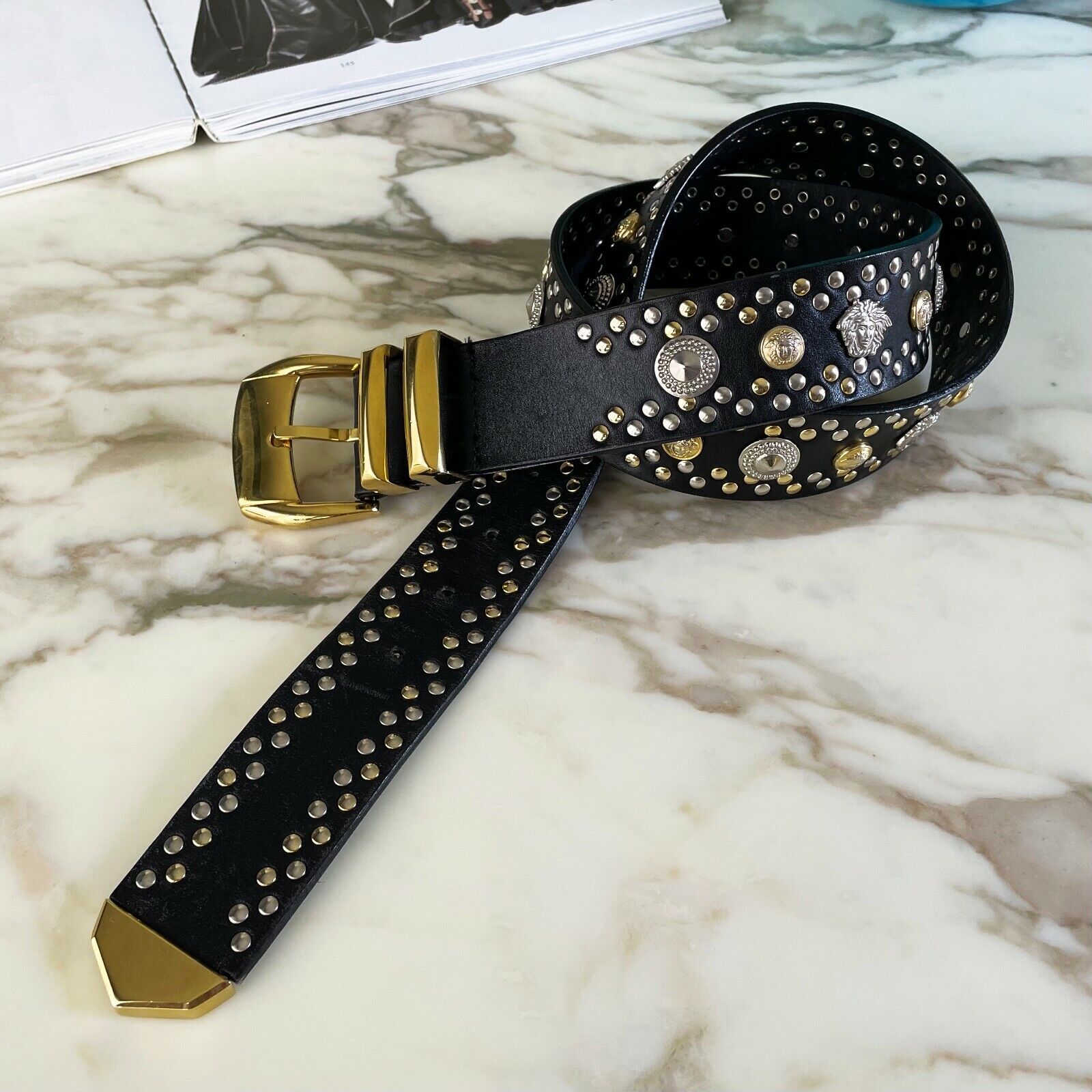 GIANNI VERSACE black leather gold/silver tone stu… - image 12