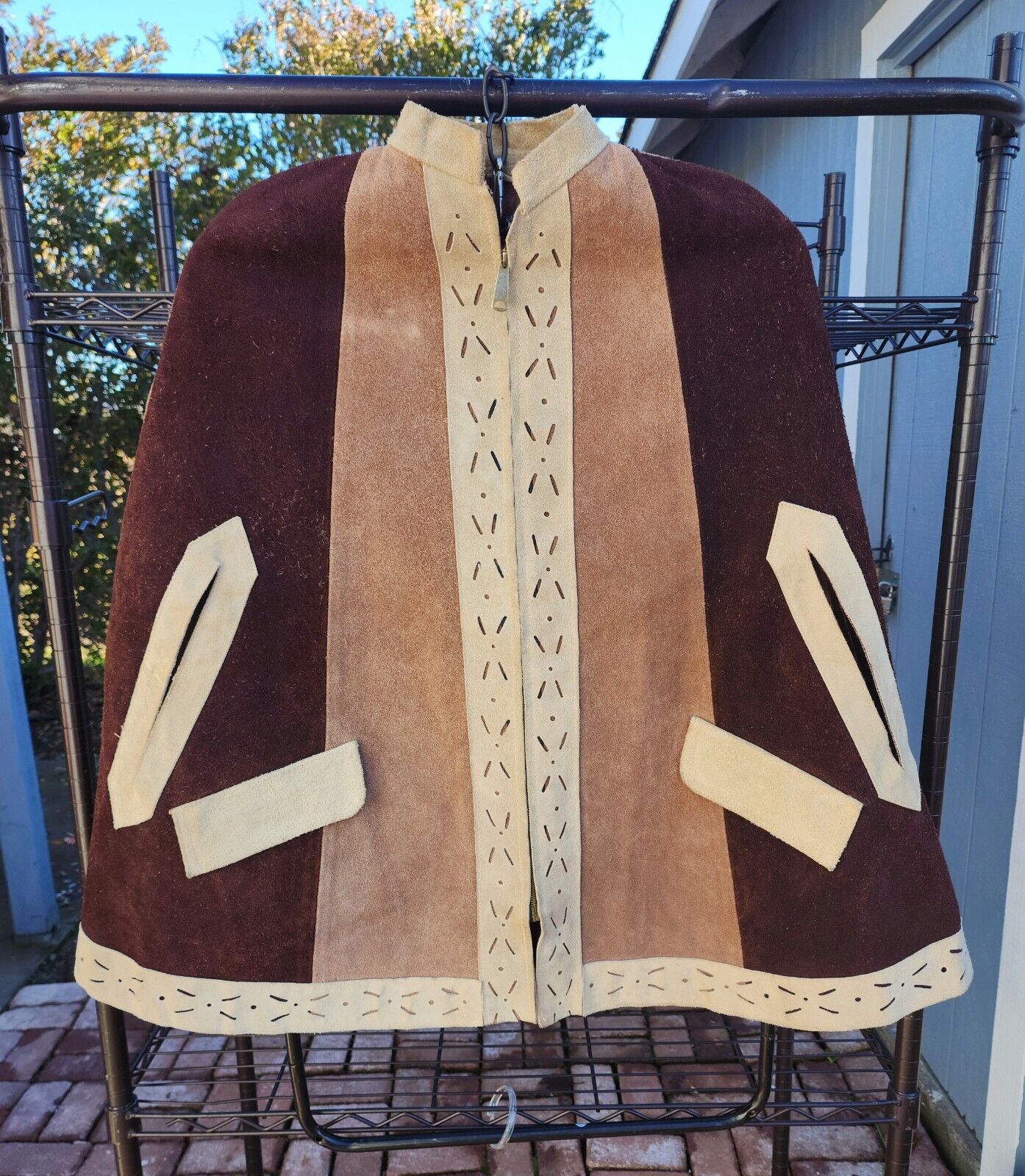 Vintage Suede Cape Brown 3 Tone Zip-Up w/Cutout D… - image 5