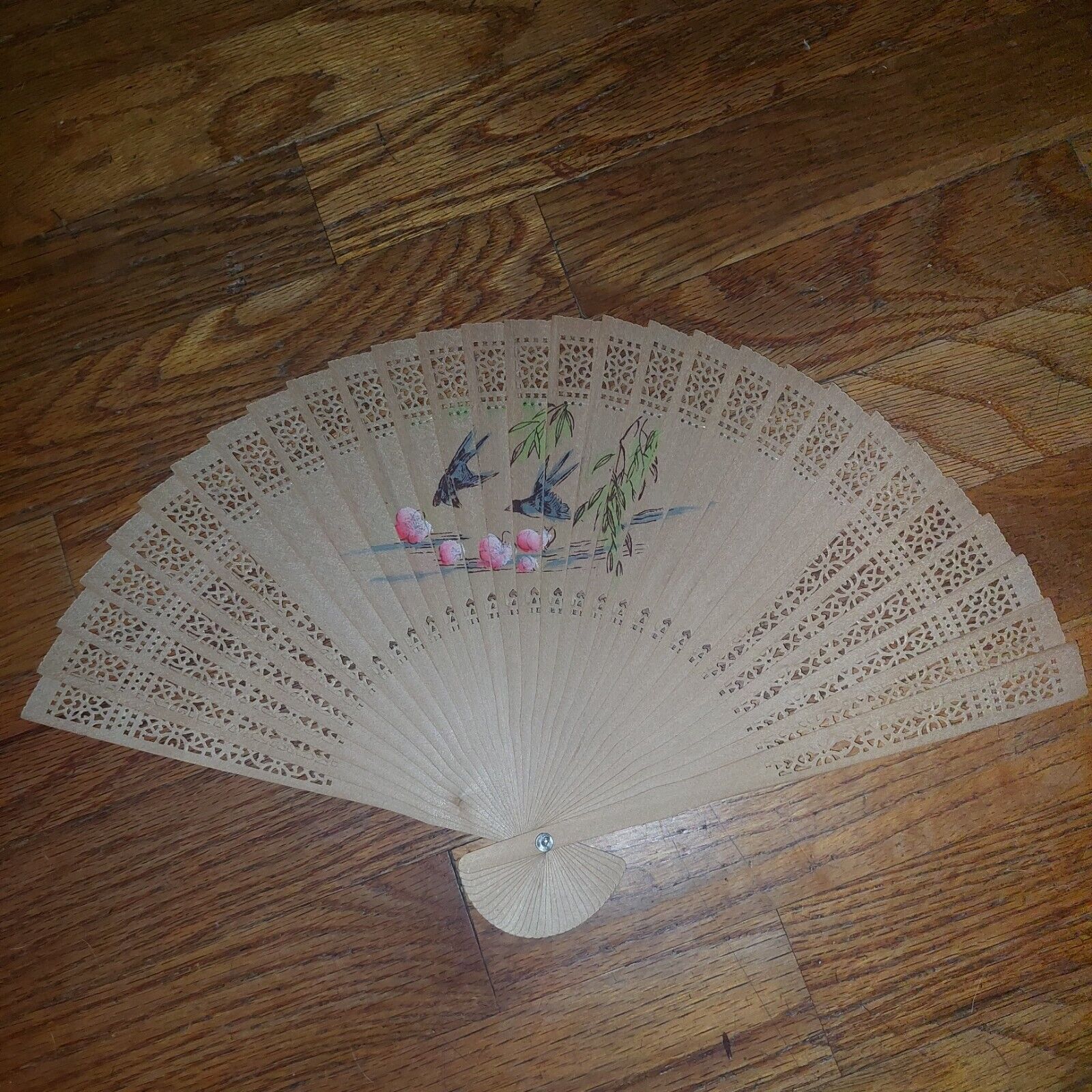 Vintage Hand Painted, Hand Carved Wooden Fan. - image 1