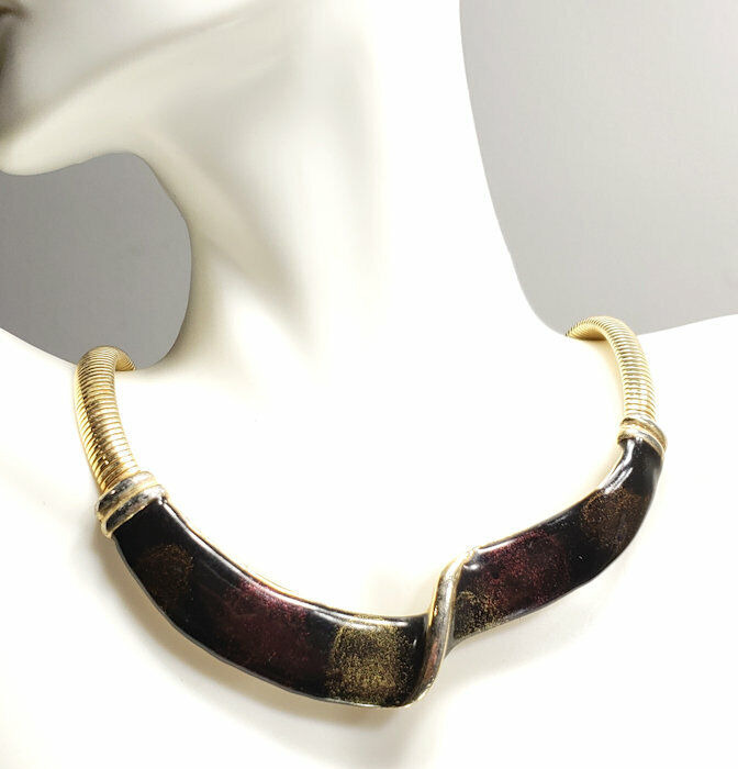 Vintage Bib Necklace Snake Chain Enamel Gold-tone… - image 2