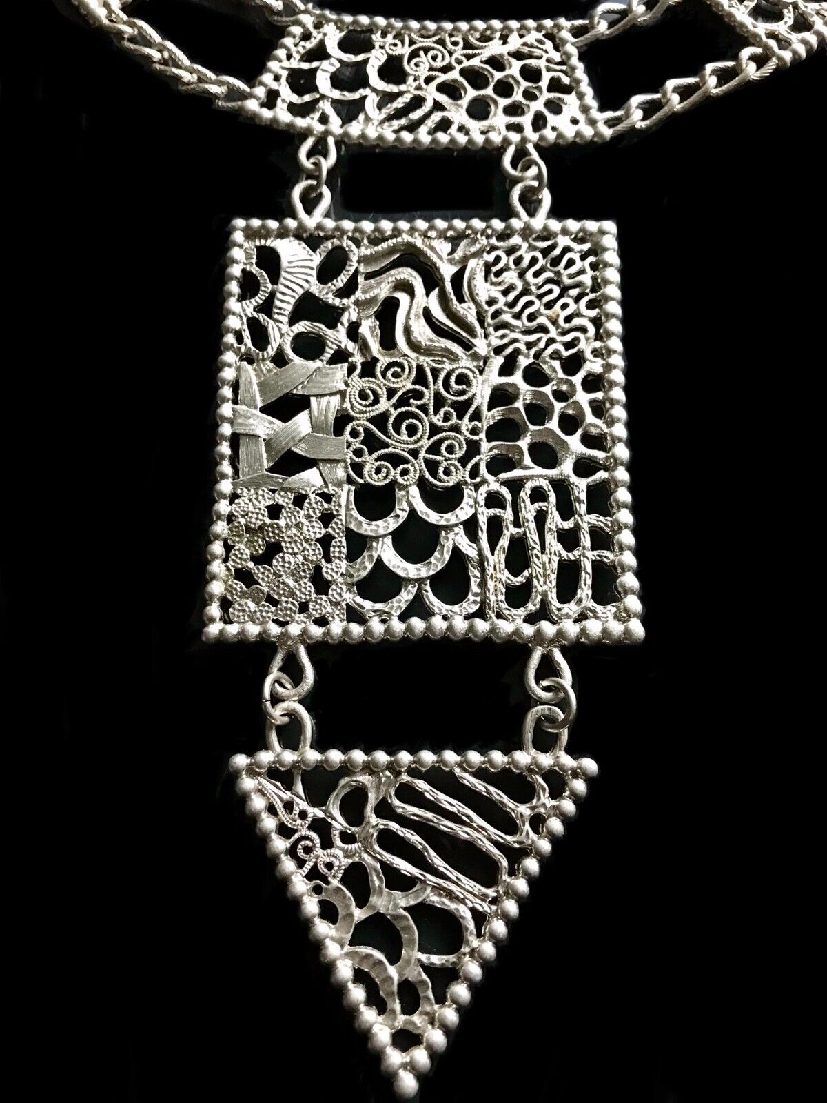 large vintage 1960s brutalist silver tone pendant… - image 4