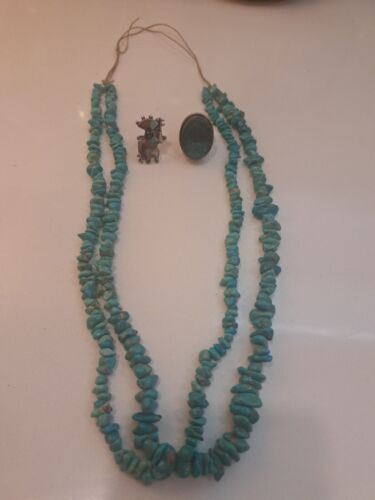 vintage navajo  Turquoise Bead Necklace & 2 Rings - image 1