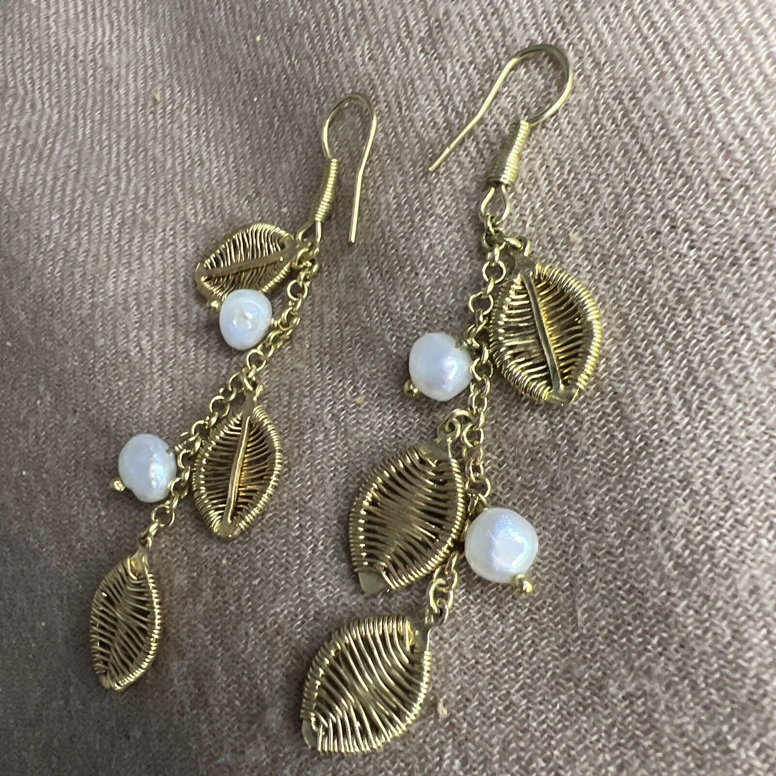 Gold Tone fresh Water Pearl Dangling Earring - image 2