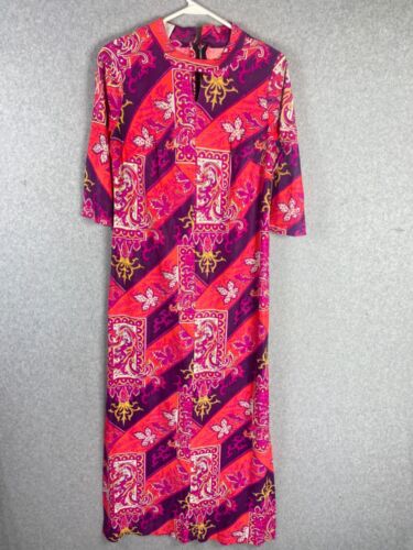 Vintage 60s 70s Caftan Dress Small Orange Purple … - image 1