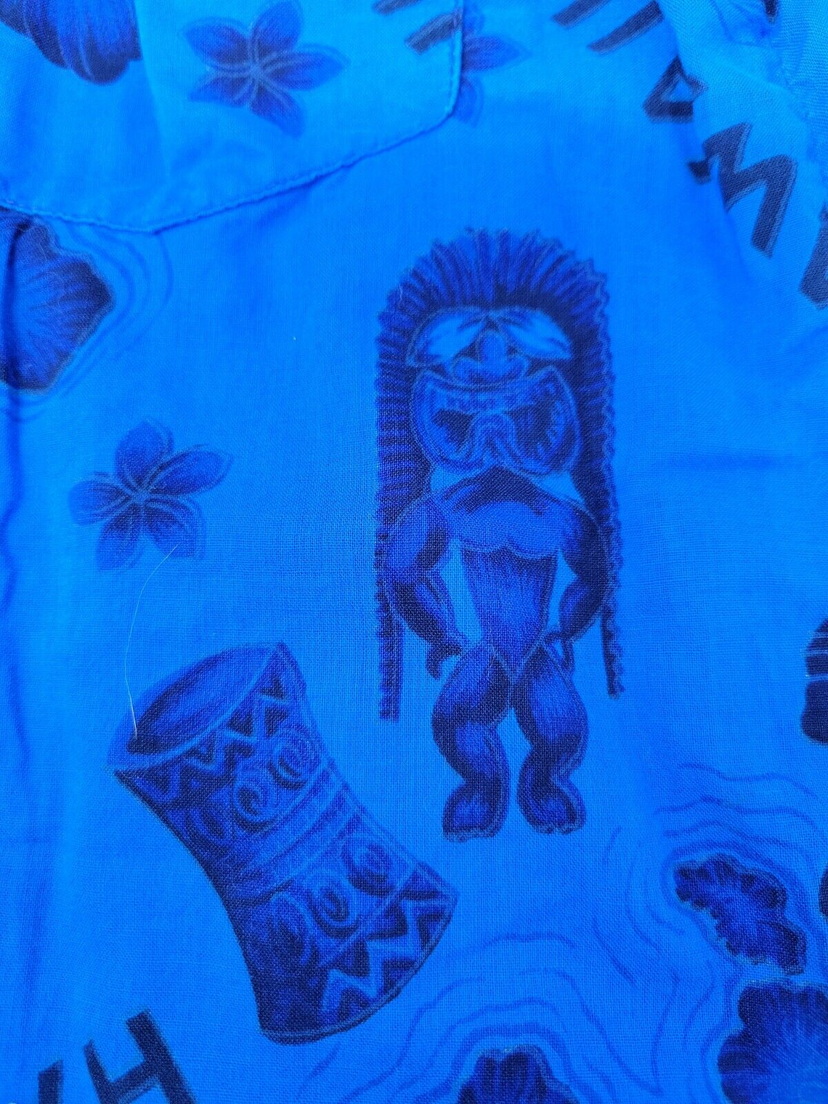 Vintage 1970s Hawaiian Shirt Blue Native Drum Tik… - image 2