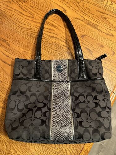 COACH Signature Python Stripe Tote Shoulder Canva… - image 1