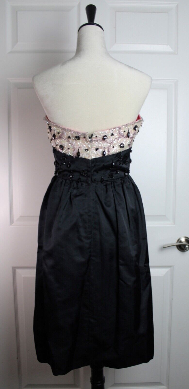 VTG Black Satin Sleeveless Dress Ivory Bodice Bea… - image 5