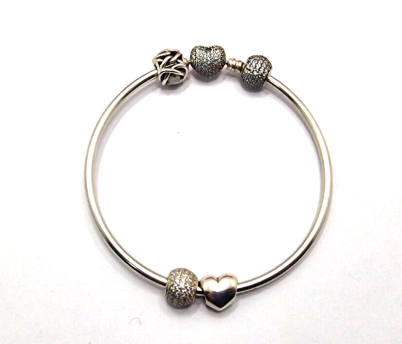 Genuine PANDORA 925 Silver Heart Bangle With 4 Ge… - image 3