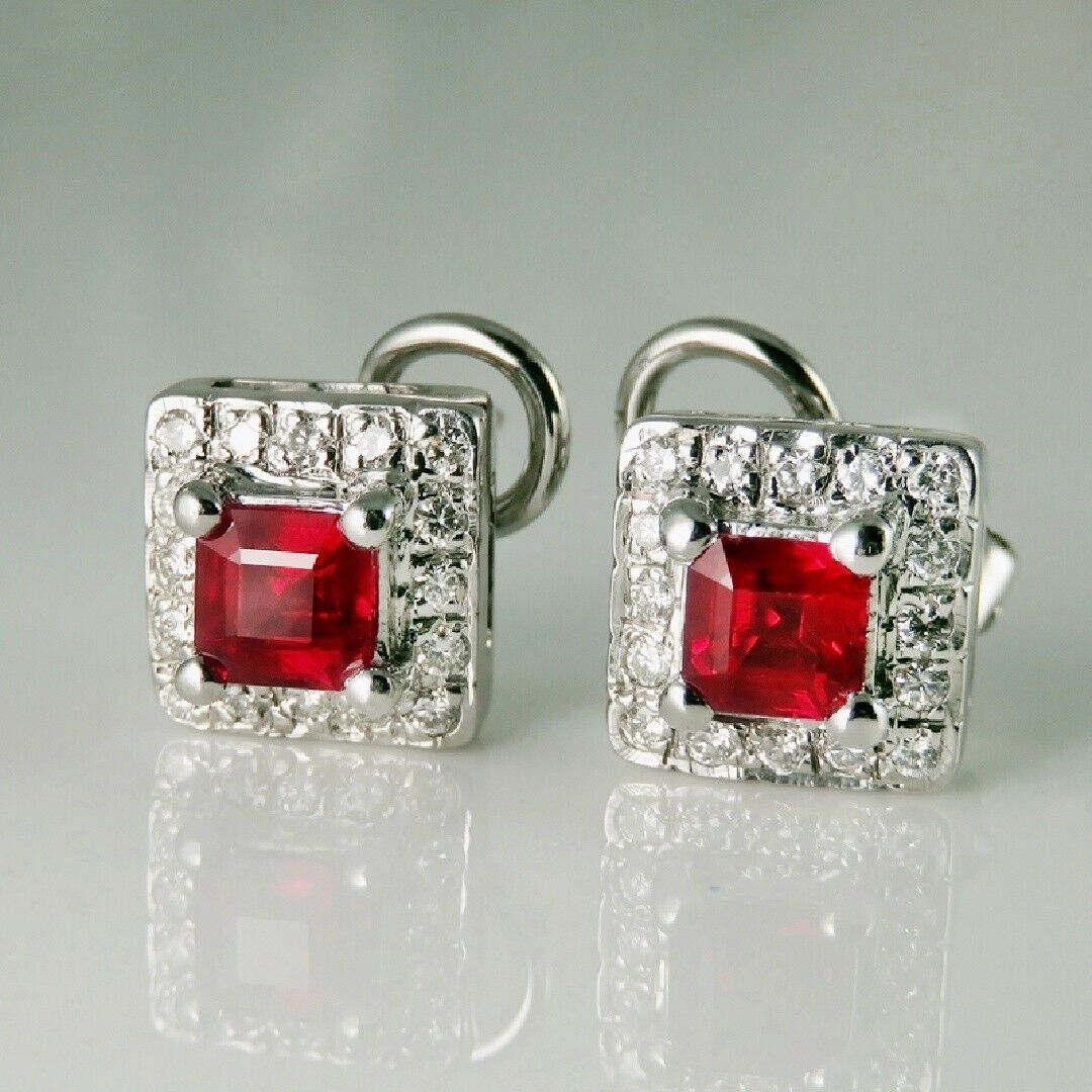 Natural Ruby Diamond Earrings 18K White Gold Squa… - image 5