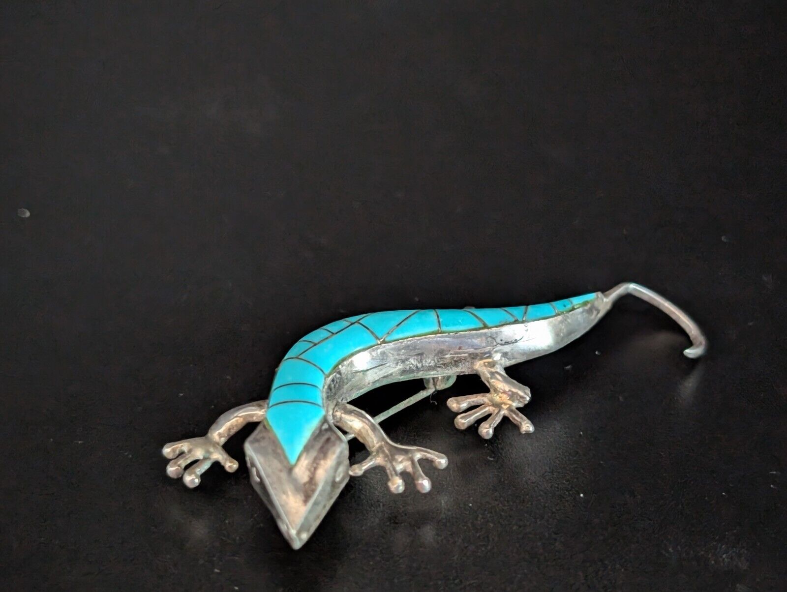 Silver colored and enameled turquoise brooch pin … - image 4