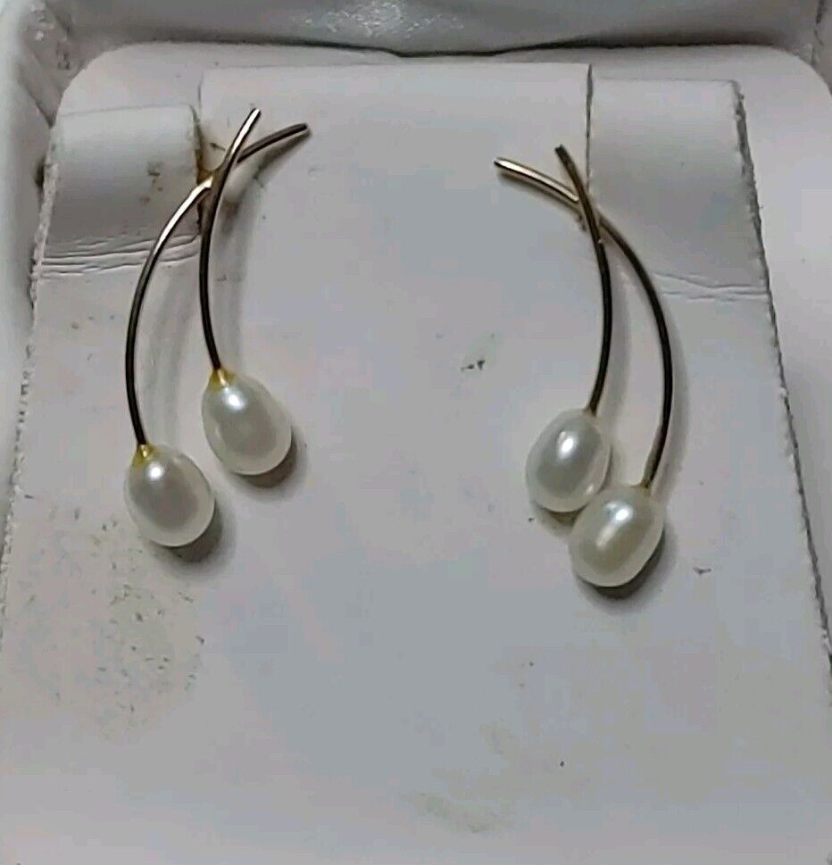 14k Yellow Gold Double Pearl Dainty Earrings - image 2