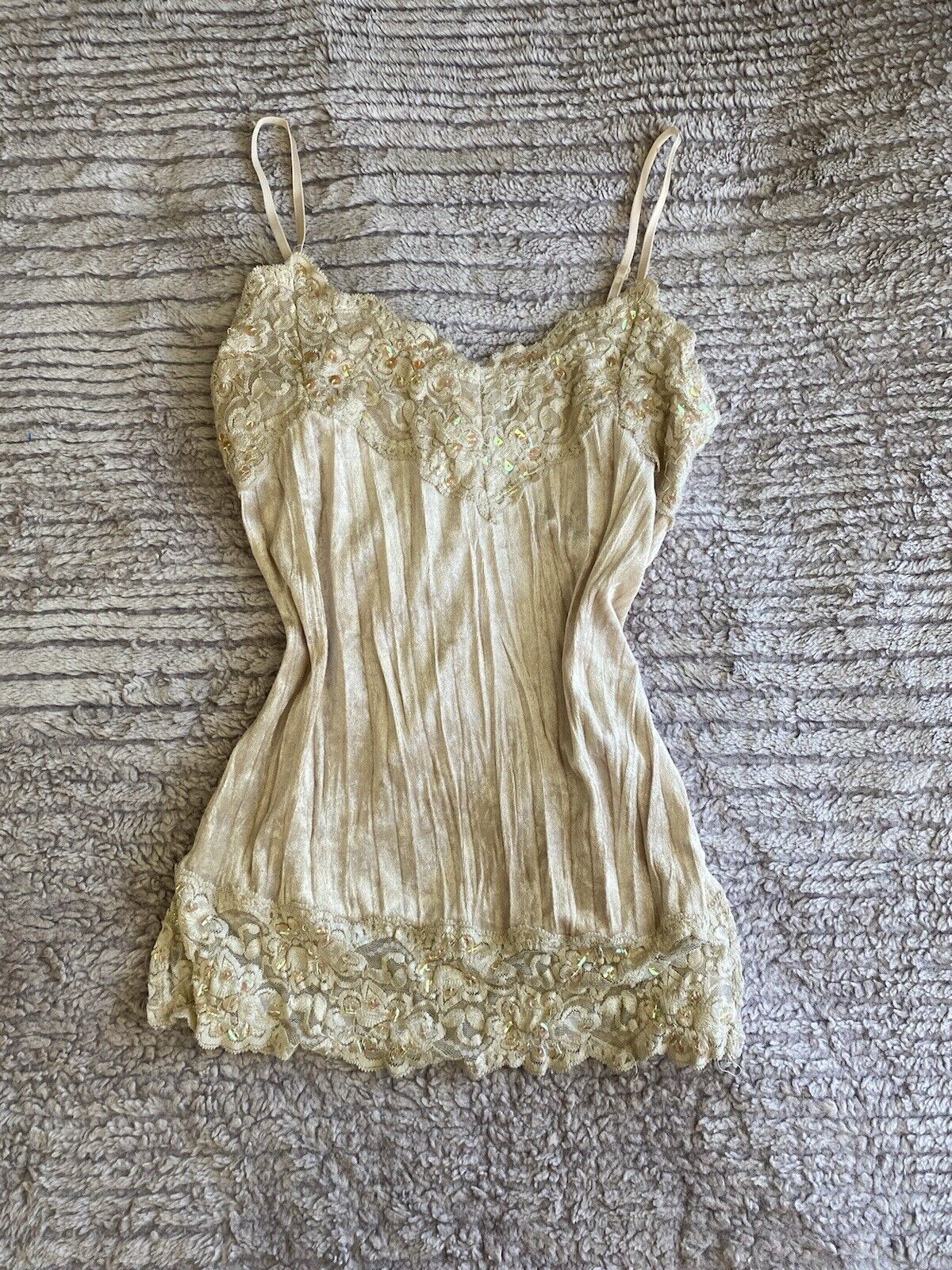 Rave Vintage Beige Velvet Sequin Tank Top Size M … - image 1