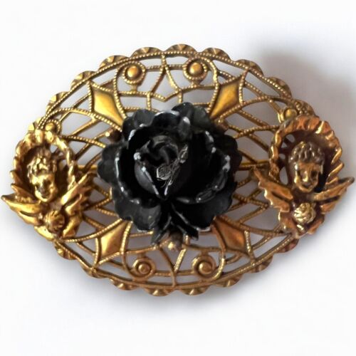 Carved Celluloid Rose Brooch Black Gold Tone Fili… - image 1