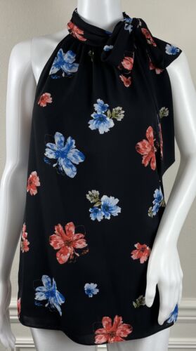 Cece High Neck Sleeveless Blouse Black Floral Neck