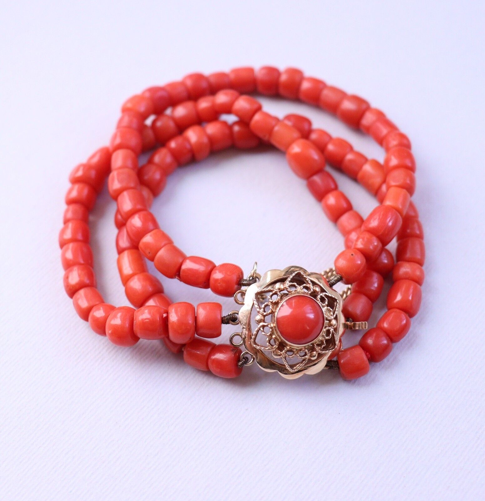 Vintage 3 Row Red Coral Bracelet Dutch Clasp 14k … - image 2