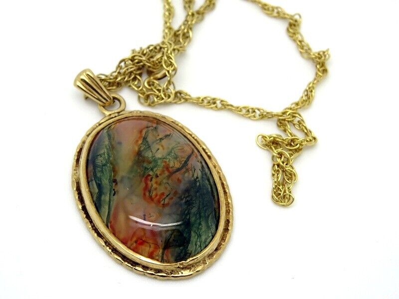 9ct Yellow Gold Moss Agate 80's Pendant + 9ct Cha… - image 6