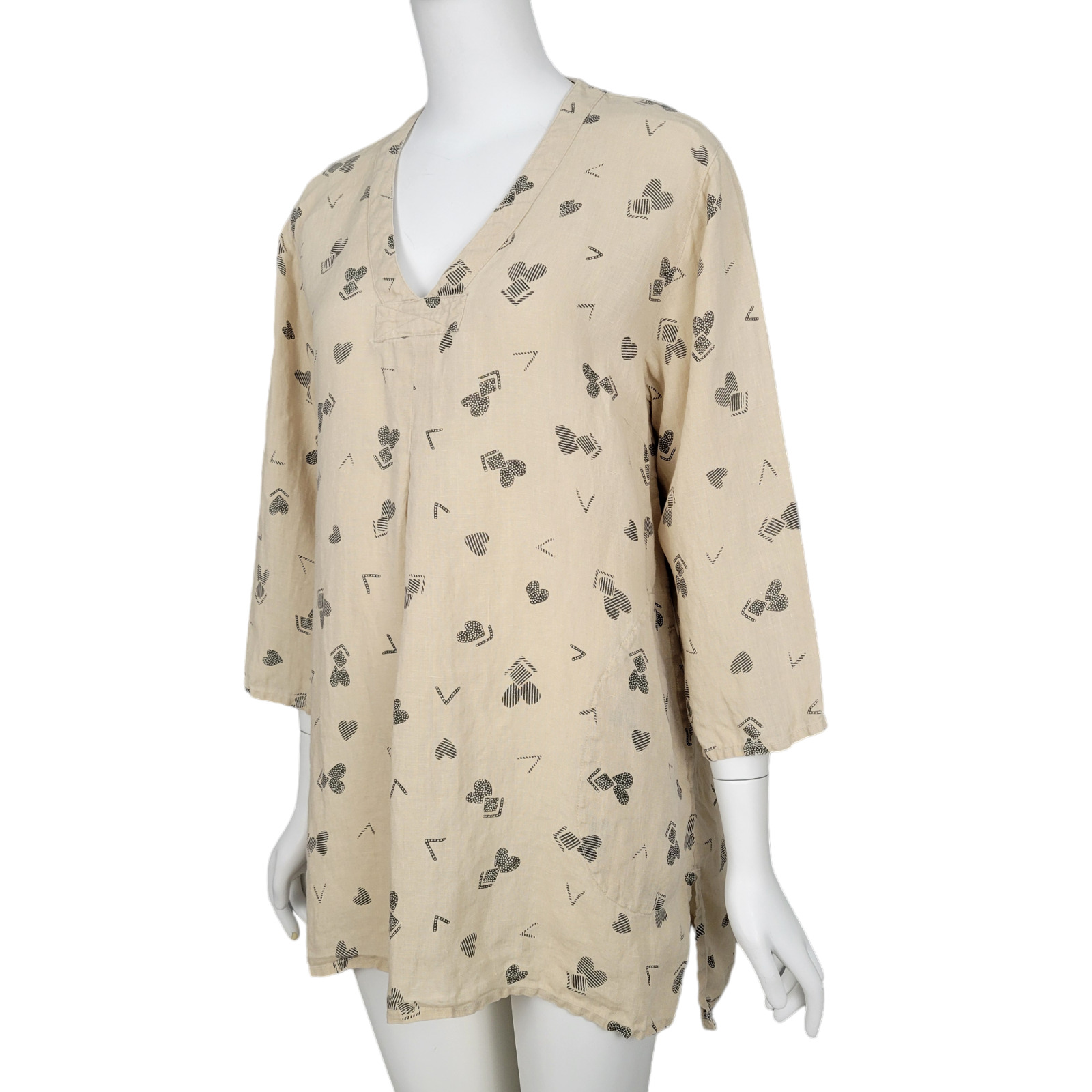 GUDRUN SJODEN Top M Beige Heart Print Linen 3/4 S… - image 3