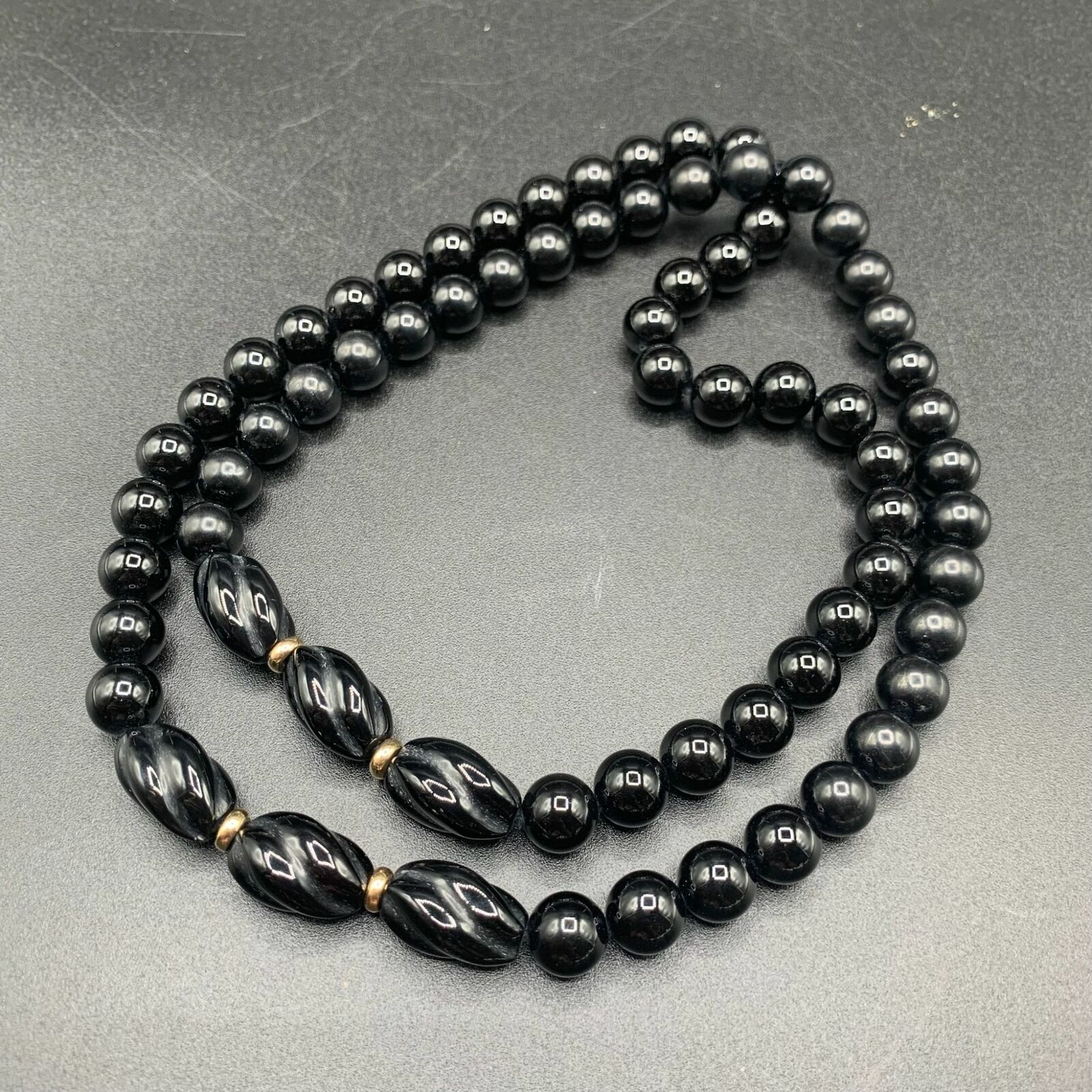 Black Onyx Necklace Beaded Long Strand 14K Gold S… - image 5