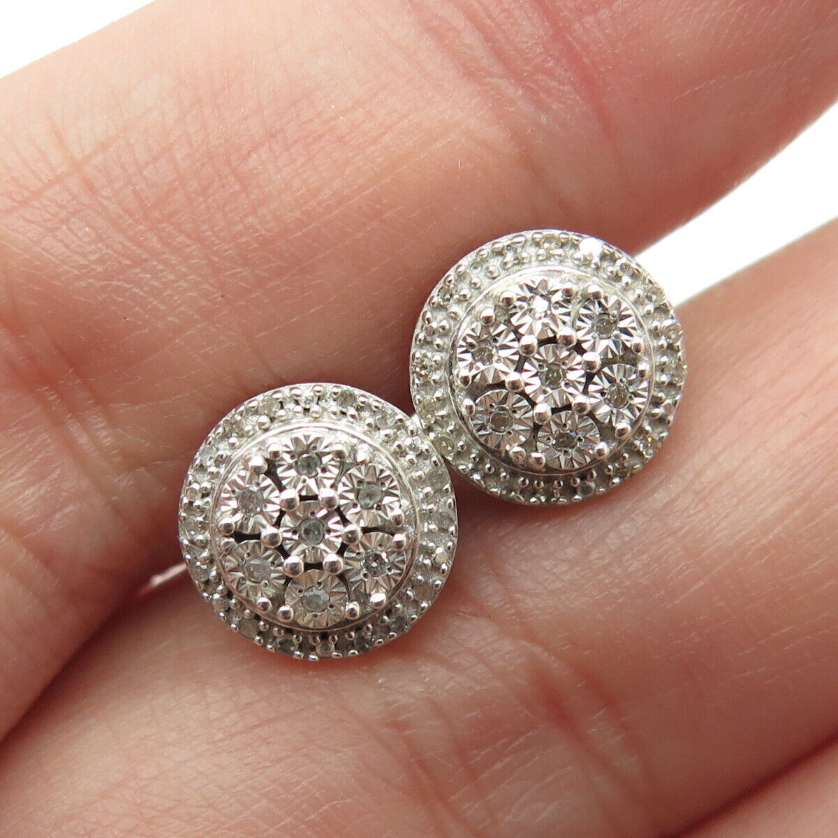 925 Sterling Silver Real Round-Cut Diamond Stud E… - image 1