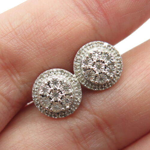 925 Sterling Silver Real Round-Cut Diamond Stud E… - image 1