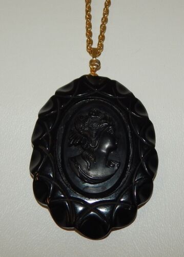 Large Art Deco Black Bakelite Carved Cameo Pendant