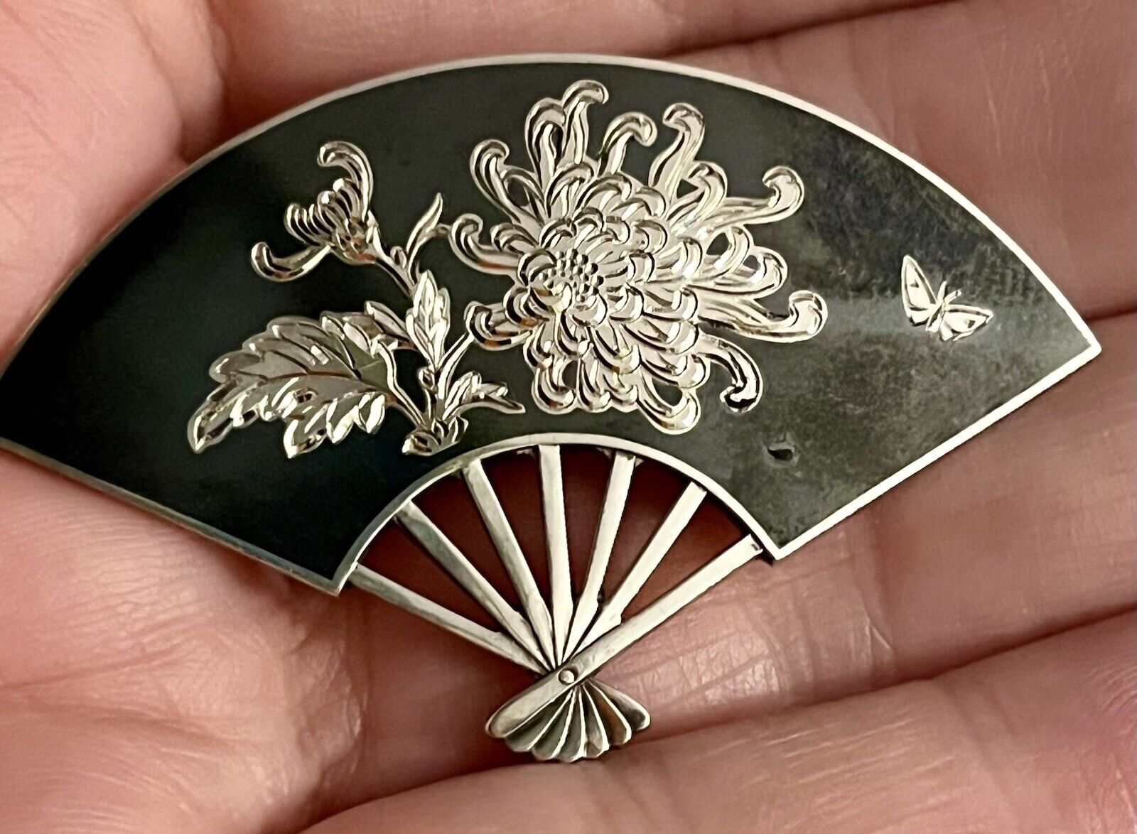 Vintage/Antique Sterling Silver .950 & Enamel Fan… - image 5