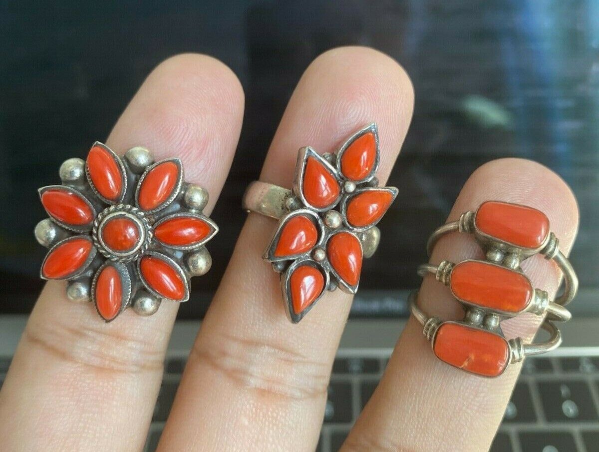 Women's 3 Rings Silver and Coral Tibetan, Nepal, … - image 1