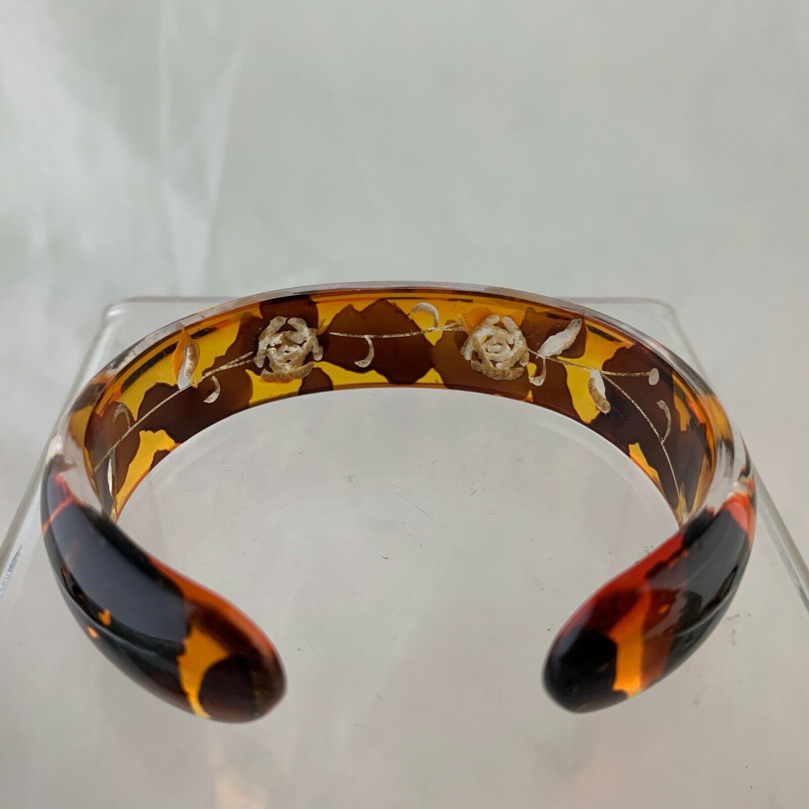 VINTAGE CELLULOID AMBER CARVED ROSE FLOWER CUFF B… - image 2