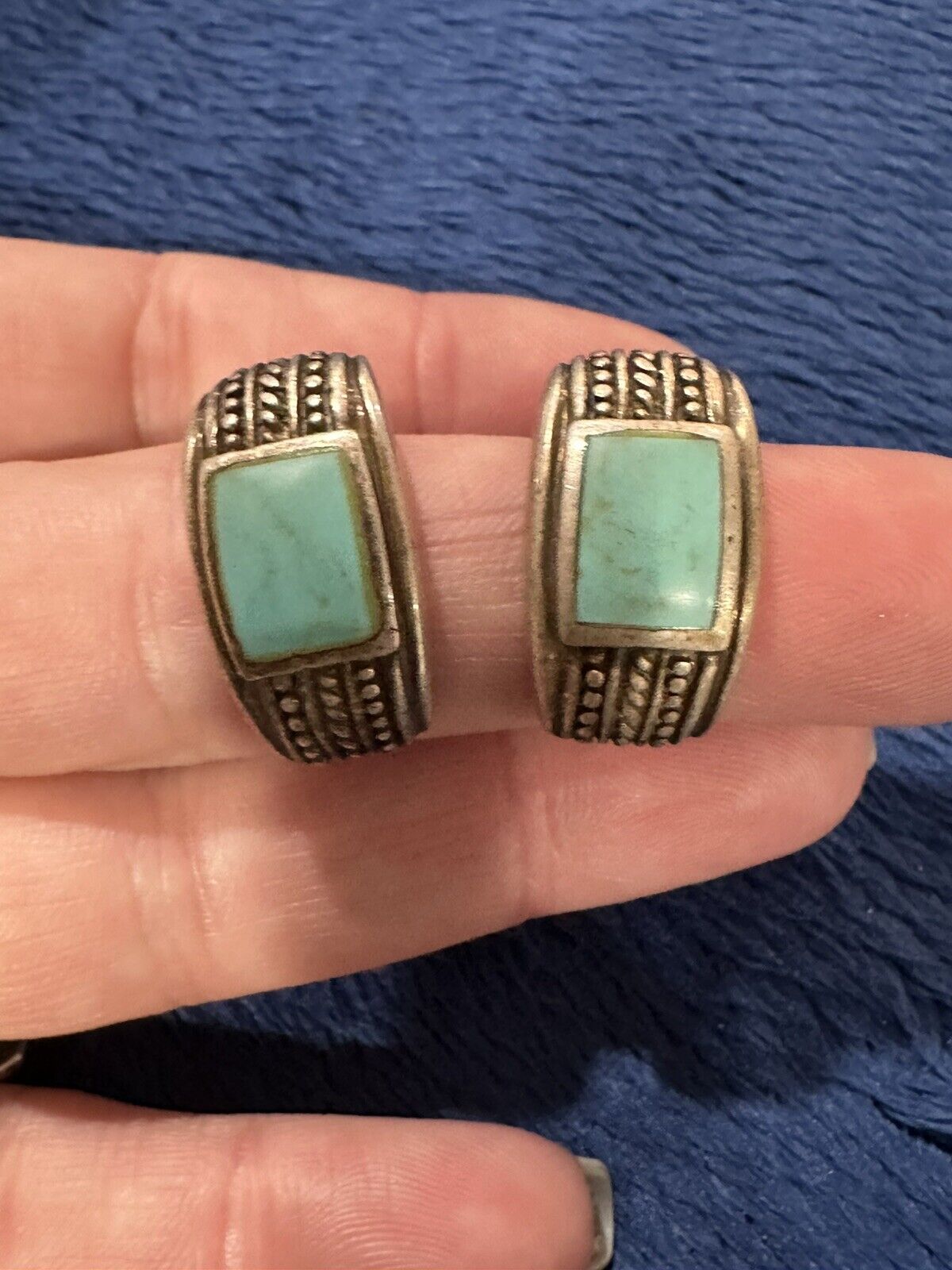 Vtg Sterling Silver 925 Curved Turquoise Huggie E… - image 4