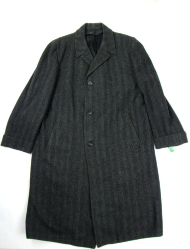 Vtg 1950s Herringbone Striped Tweed Wool Overcoat 