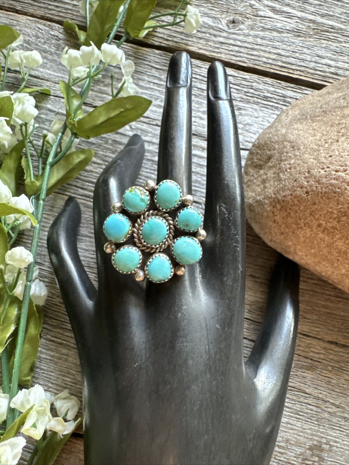 Navajo Sterling Silver Turquoise Cluster Adjustab… - image 2