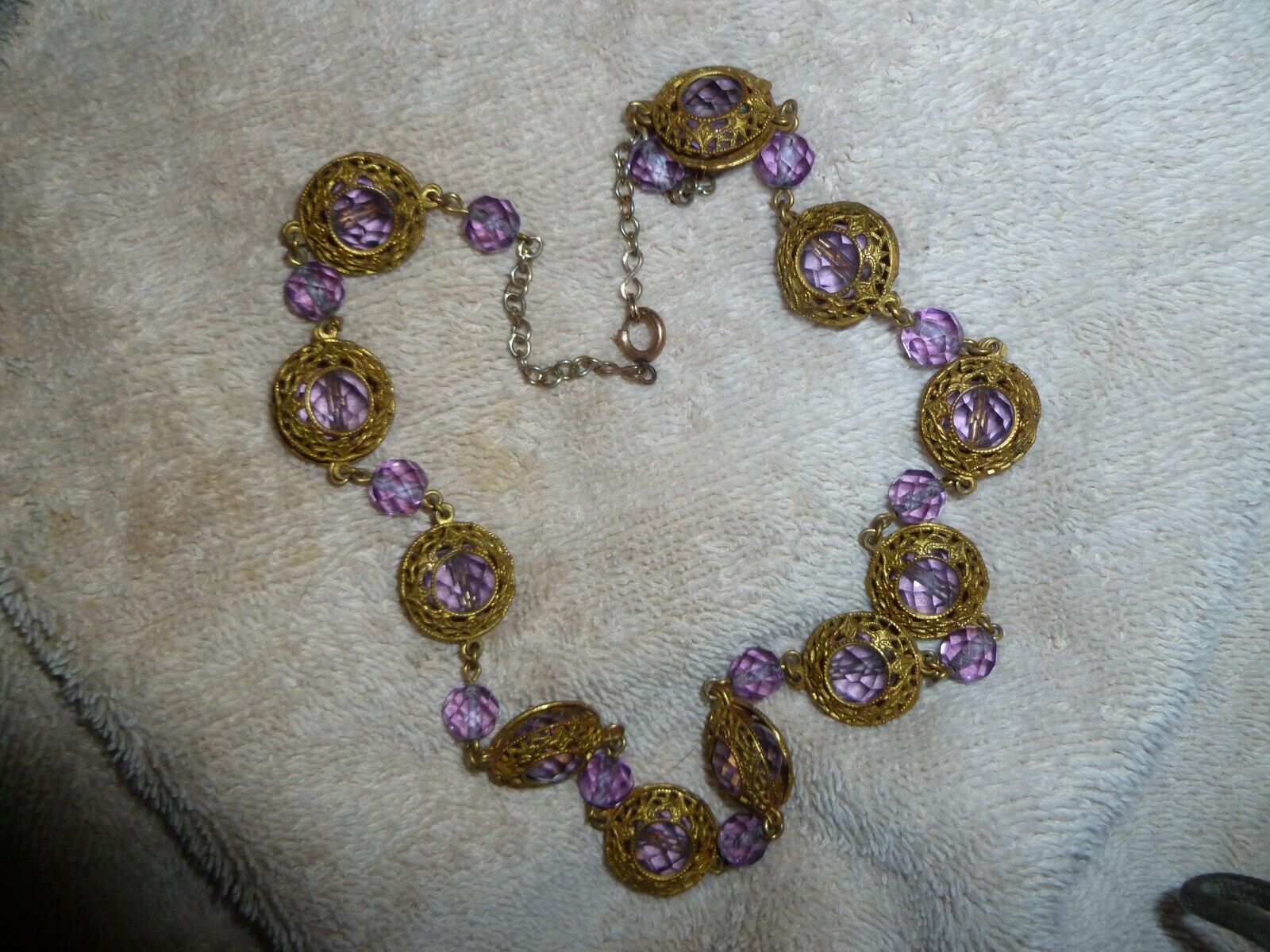 Antique Czech Glass Purple Crystal Bead 19" Gold … - image 1