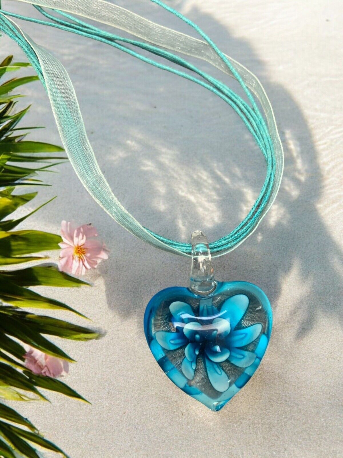 Vintage Blue Aqua Heart Art Glass Pendant Necklac… - image 1