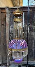 Victorian Hanging Oil Lamp with Fenton Cranberry Opalescent Hobnail shades