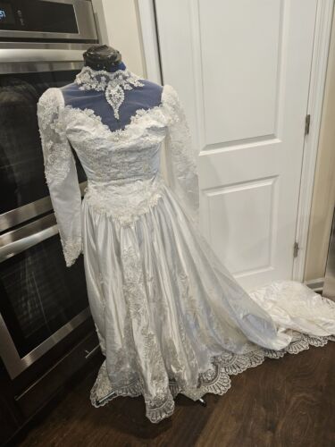 Vintage Sheer Beaded Lace Victorian Wedding Dress… - image 1