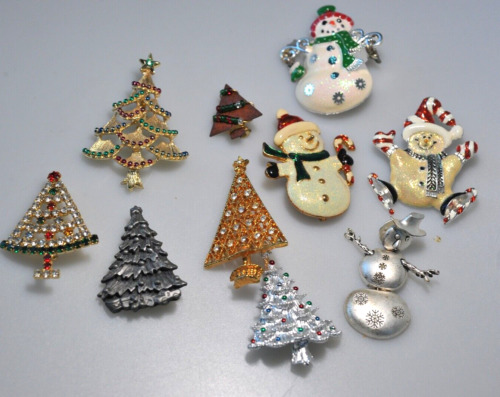 Christmas Tree Brooch LOT Vtg now snowman 2 signe… - image 1