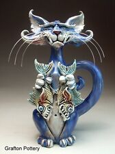 Blue Cat with Fish Pottery Sculpture by face jug folk art maker Mitchell Grafton