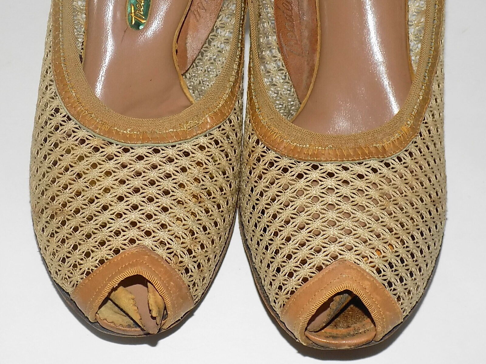 Vintage 40s 50s Light Brown Leather Mesh Peep Toe… - image 3