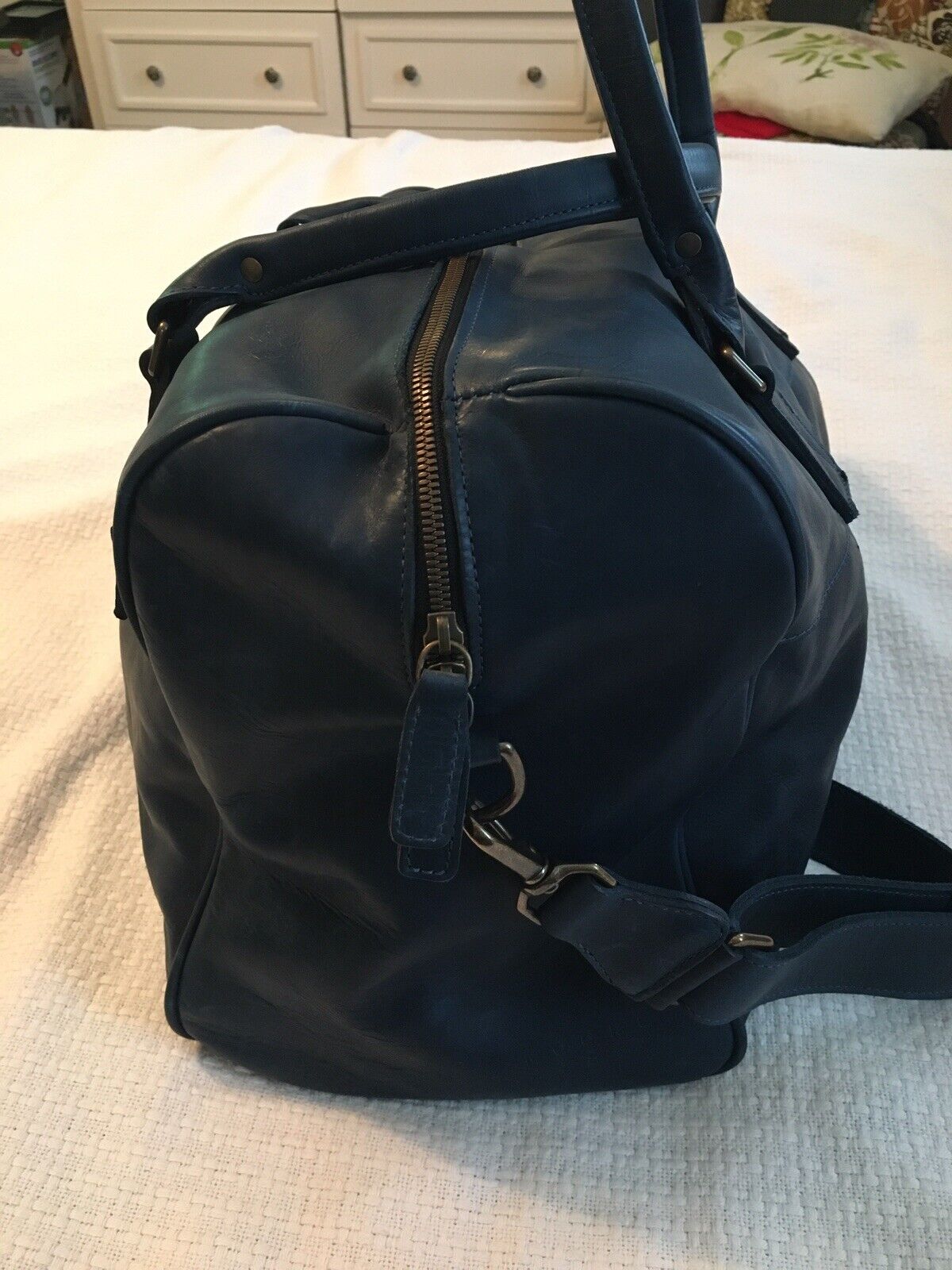 MOORE & GILES Blue Leather BOOKER CABIN Duffel Ov… - image 3