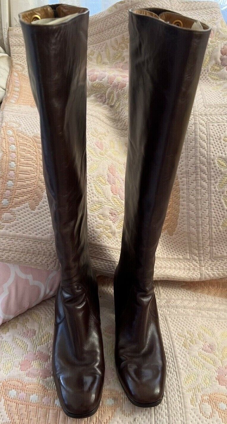 Vintage 60'S Gucci Knee-High Brown Leather Boots … - image 1