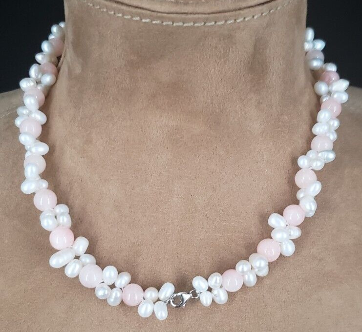 Rose Quartz and Freshwater Rice Pearl 17" Necklac… - image 6