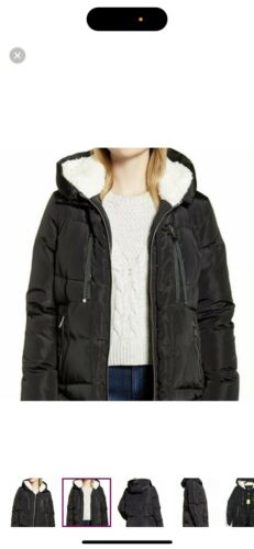 Black Sam Edelman Womens Mid Length Hooded Puffer 