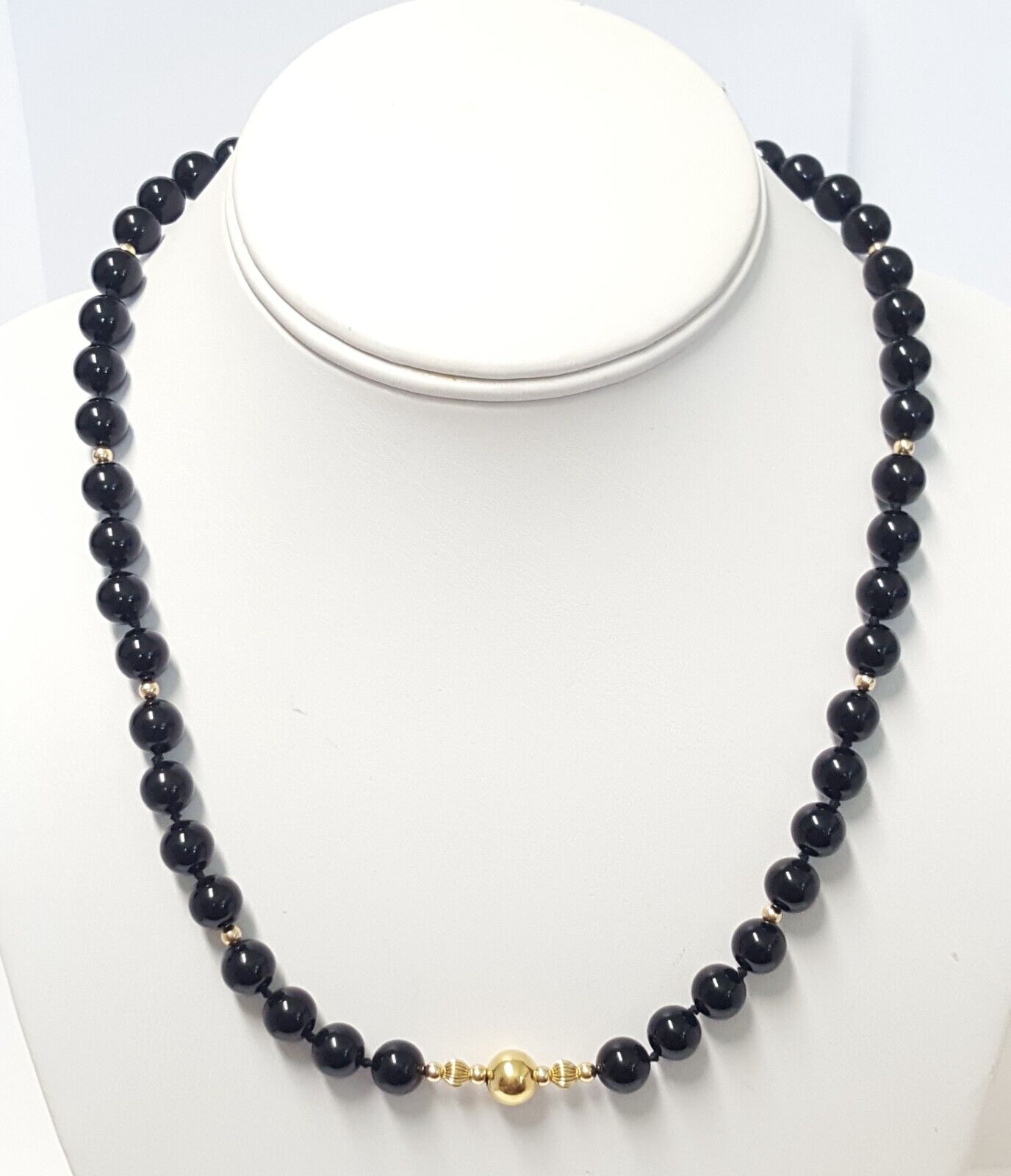 14K Gold Station Black Onyx 8mm Bead Necklace Han… - image 1