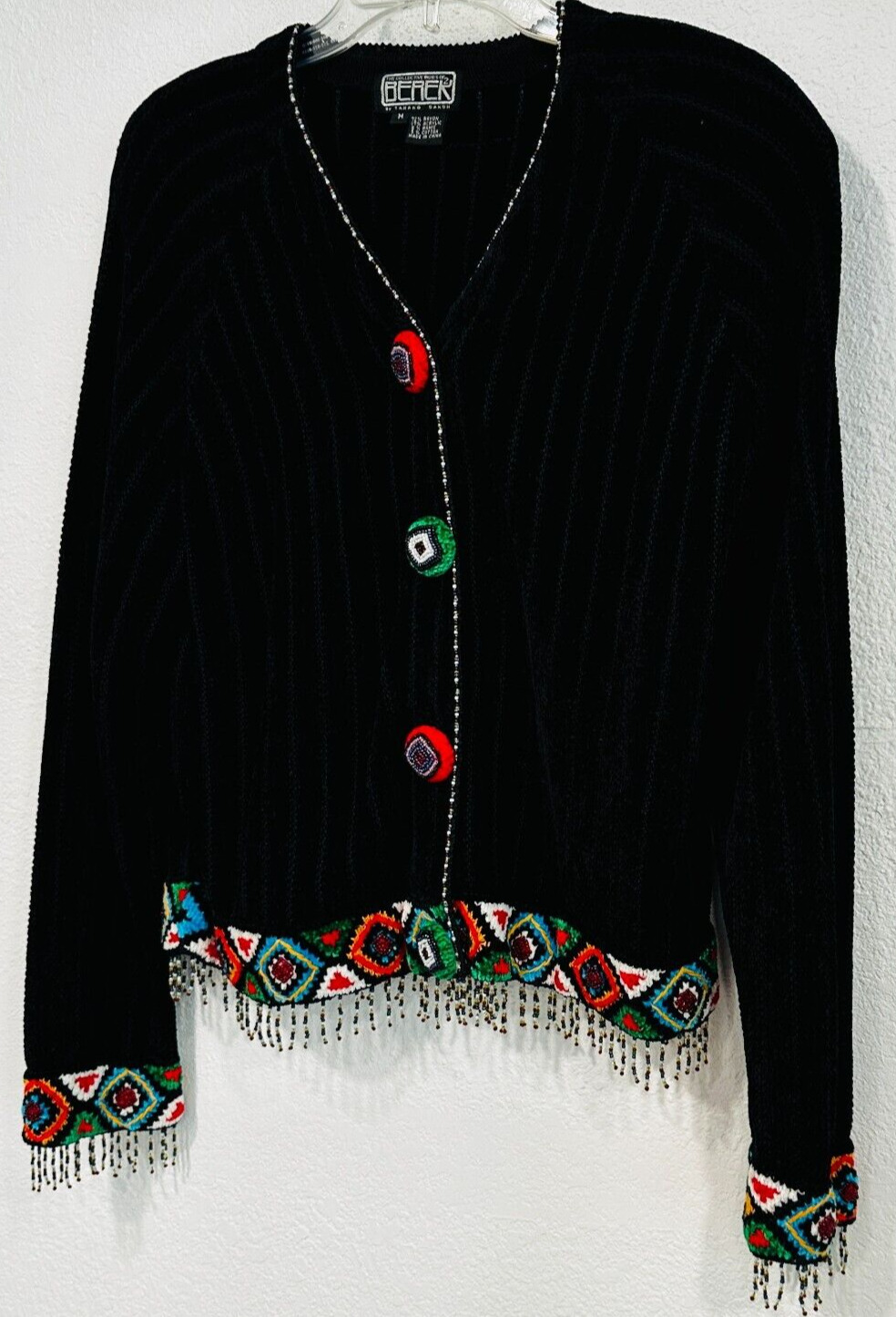 Vintage Berek Cardigan Sweater Beaded Fringe Blac… - image 9