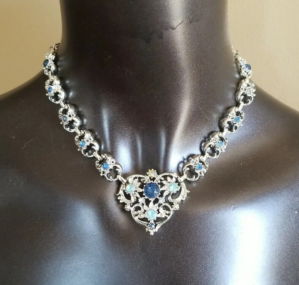 Signed Blue Aqua Crystal Cluster Necklace Coro Vi… - image 1