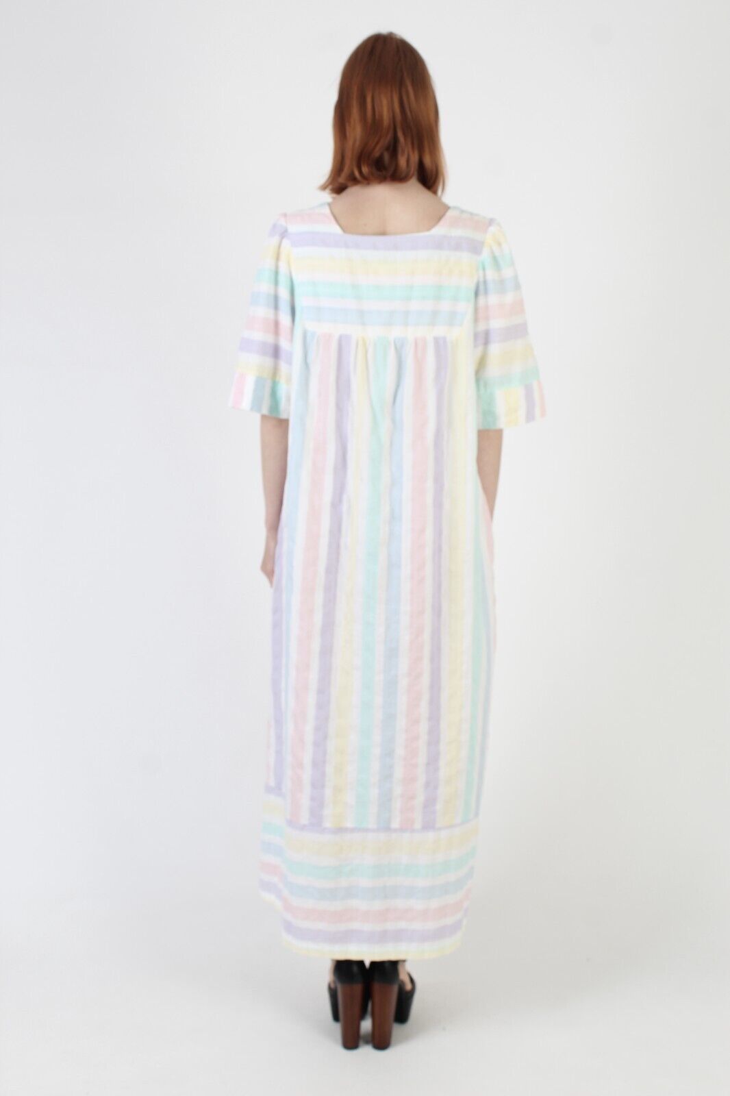 Vtg Zip Up Lounge Bell Slv Caftan Rainbow Pastel … - image 6